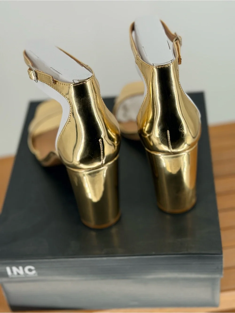 New women’s INC International Concepts Gold Metallic Ankle-Strap Heels size 9.5M